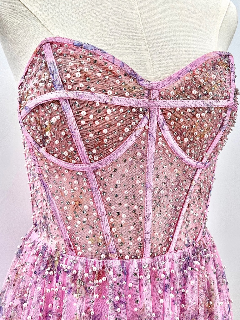 Jovani Floral Pink Chiffon Gown Embellished with Rhinestones and Pearls, Size 8